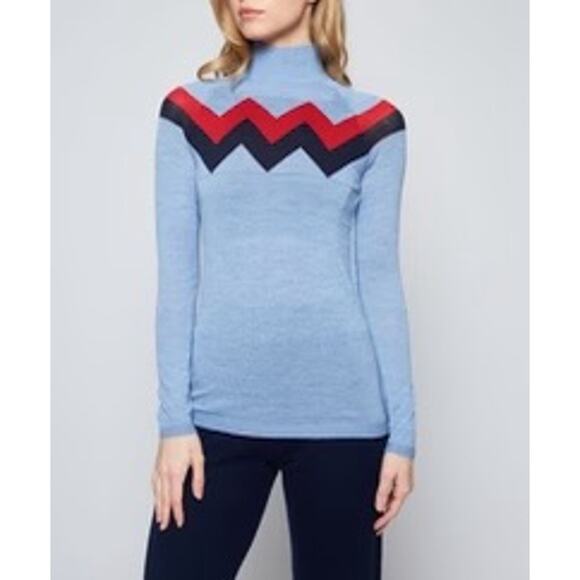 The Chevron Mock Neck Sweater with Red, Light Blue, & Navy Size SMALL - Picture 2 of 4